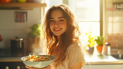 Joyful young woman holding a steaming bowl of food in a sunny kitchen, warmth and happiness captured in a moment.