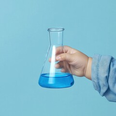 Hand holding an Erlenmeyer flask of bright blue liquid.