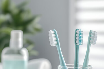 Three blue toothbrushes in a glass with blurry background