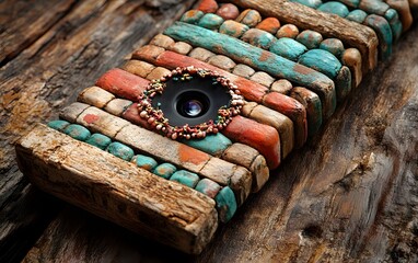 A creatively designed camera with a rustic, textured surface made of colorful materials.