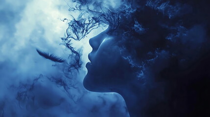 Poster - A tranquil woman in a dreamy blue mist embracing serenity and mystery in silhouette form amidst ethereal clouds