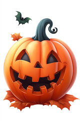 Cheerful halloween pumpkin with bat and leaves for festive decor and celebration ideas