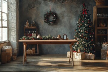 Wooden table in room decorated for Christmas. Space for design with generative ai