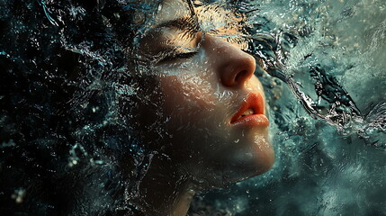 Poster - A serene closeup of a woman's face submerged in water capturing the tranquility and depth of the underwater experience