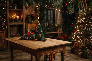 Wooden table in room decorated for Christmas. Space for design with generative ai