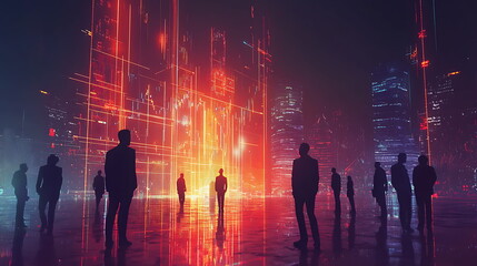 Aufkleber - A futuristic cityscape illuminated by vibrant neon lights with silhouetted figures standing in awe of technology's advancements
