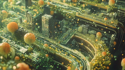 Aufkleber - Exploring a futuristic cityscape with vibrant trees and advanced structures a vision of tomorrow's urban environment