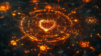 Poster - Futuristic glowing heart design an artistic representation of love and technology on a dark background