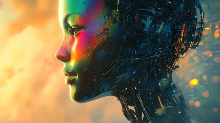 Aufkleber - Futuristic robot profile against a vibrant colorful sky illustrating the intersection of humanity and advanced technology