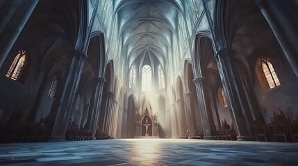 Poster - Exploring the mystical beauty of gothic cathedral interiors with illuminated stained glass windows and majestic architecture