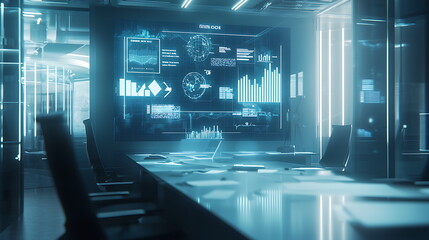 Poster - Futuristic conference room featuring advanced digital displays and sleek design for modern business collaborations