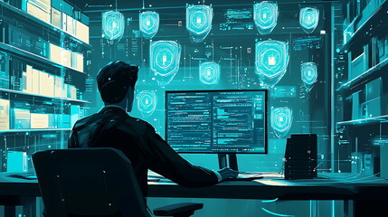 Poster - Innovative data protection strategies a man engaging with a futuristic interface to secure digital information and privacy