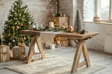 Wooden table in room decorated for Christmas. Space for design with generative ai