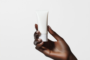 Wall Mural - black beauty female woman's hand holding white empty blank mockup skincare cream tube template, cosm