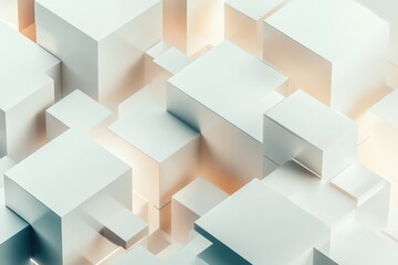 Poster - A dynamic composition features multiple cubes in different sizes and shades, interconnected by diagonal lines on a soft backdrop. Generative AI