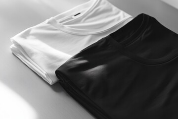 Minimalist sportswear in black and white is folded neatly, showcasing a simple, organized design perfect for everyday fitness activities. Generative AI