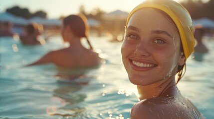 Young female swimmer wearing swimming cap smiles confidently while standing in swimming pool, reflecting vibrant atmosphere of outdoor aqua aerobics class.