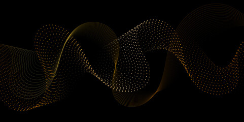 Poster - Abstract wavy dotted curved line dark black background. vector futuristic background with particle waves Beautiful shaped array of glowing line. abstract volume voice technology vibrate and music bg.	