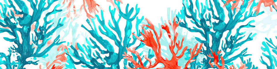 A bright turquoise and coral abstract pattern on a white background, inspiring summer and adventure.