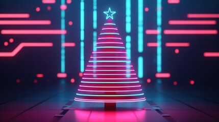 Poster - A futuristic neon Christmas tree stands against a digital backdrop, combining traditional holiday elements with modern geometric design.