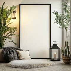 Wall Mural - A white framed mirror with a black frame. A candle is lit in a black lantern. A white pillow is on the floor. A plant is on the right side of the mirror