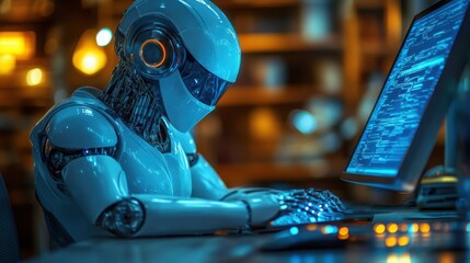 A humanoid robot interacts with a computer, displaying code on the screen in a sleek office environment illuminated by warm daylight