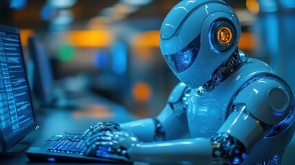 A humanoid robot interacts with a computer, displaying code on the screen in a sleek office environment illuminated by warm daylight.