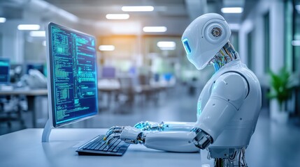 A humanoid robot interacts with a computer, displaying code on the screen in a sleek office environment illuminated by warm daylight.