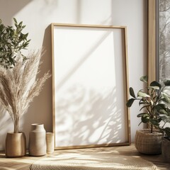 Wall Mural - A white framed picture sits on a wooden floor. A potted plant sits next to the picture