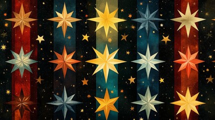 Poster - Colorful geometric stars and diamonds arranged in seamless rows with a starry background