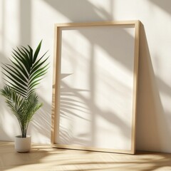 Wall Mural - A large white framed picture is on a wall. A potted plant is next to the picture