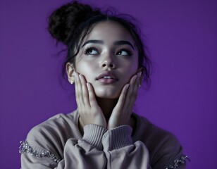 Photo of adorable lovely girl wear stylish clothes two arms touch face looking empty space poster isolated purple color background