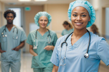 Portrait of happy African American doctor woman with team walking in background at hospital corridor. Woman surgeon in the center is wearing a surgical cap and a blue scrubs