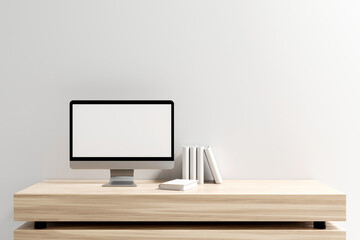 Wall Mural - a front view of a white-screen desktop computer mockup and accessories on a wooden desk in a modern 