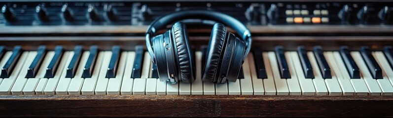 Two headphones on top of a piano keyboard