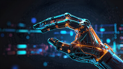 A futuristic 3D robot arm and human hand touching a digital world with wireframe connections, symbolizing the intersection of science, innovation, and artificial intelligence technology.