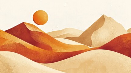 Wall Mural - Minimalist desert landscape with rolling sand dunes and a setting sun in warm orange and beige tones. A tranquil, abstract design perfect for backgrounds. AI generative.