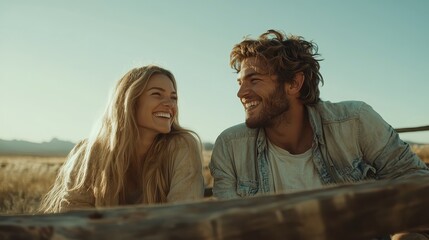 A joyful couple with radiant smiles share a sunny day outdoors, creating a moment of happiness, togetherness, and warmth, capturing the essence of human connection.