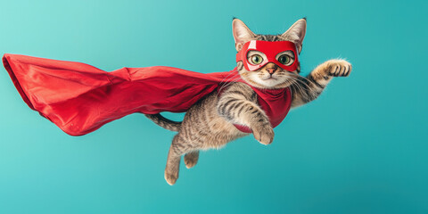 Tabbycat dressed as a superhero, flying with a red mask and cape against a turquoise background. Adorable feline in a dynamic pose, resembling a comic book hero