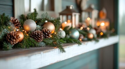 This inviting Christmas mantel display features glowing lights, mix of ornaments, pinecones, and evergreen sprigs, creating a festive, warm decor in a home setting.