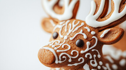 Close-up of decorated gingerbread cookie shaped like a reindeer with detailed white icing on antlers and facial features, isolated on a white background. Generated AI