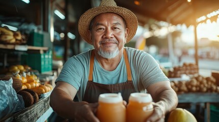 A smiling elderly man wearing a straw hat and apron is seen at a market stall offering fresh fruit juice, symbolizing warmth, hospitality, and freshness.