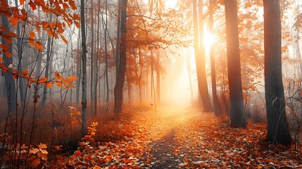 Autumn forest road in the morning fog. Natural autumn background.