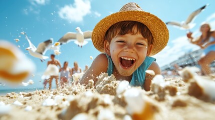 A cheerful child wearing a straw hat plays gleefully in the sand, while seagulls fly around and people enjoy the sunny beach in the vibrant background.