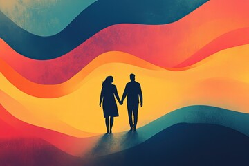 Sticker - a man and a woman holding hands in front of a colorful background