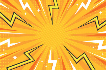 Wall Mural - Bright pop art comic cover with zigzag lightnings, rays and dots. Retro style dynamic background. Vector illustration