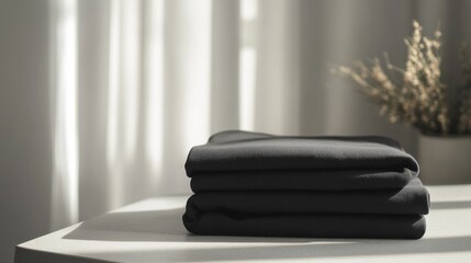 Aufkleber - Minimalist sportswear is gracefully arranged on a smooth table, illuminated by gentle natural light. Generative AI