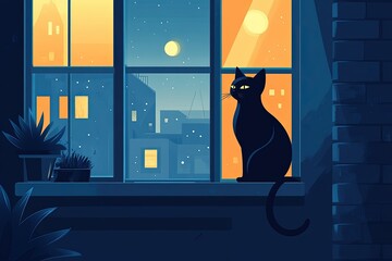 Canvas Print - a black cat sitting on a window sill at night