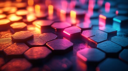 Poster - Colorful lights cast a stunning glow on hexagonal surfaces, creating an abstract landscape filled with depth and a futuristic atmosphere. The interplay of light and shadow heightens the visual impact.