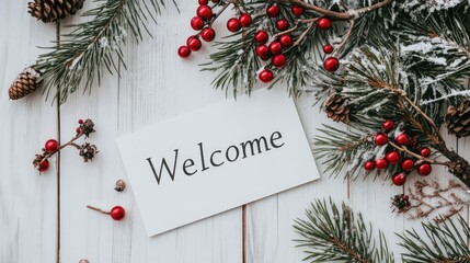 A white wooden table is decorated with snow, red accents, and a paper card displaying the word Welcome in a festive arrangement